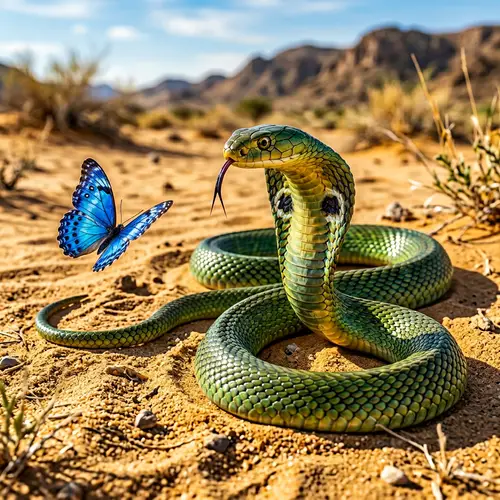 Green Cobra with Blue Butterfly – Nature's Contrast