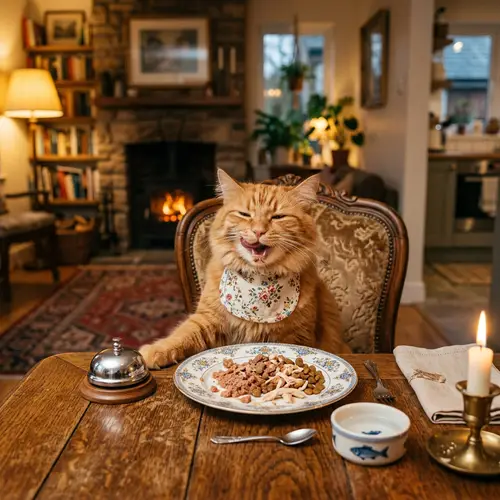 Playful Ginger Cat-Humor and Royalty at Vintage Dining Table