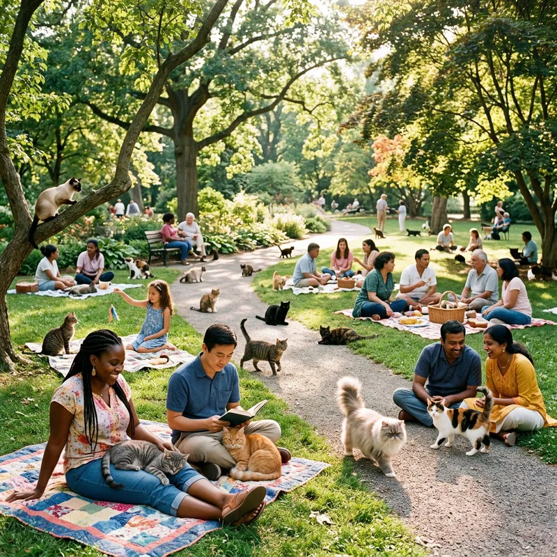 Humans and Cats Harmoniously Coexisting in Park Scene