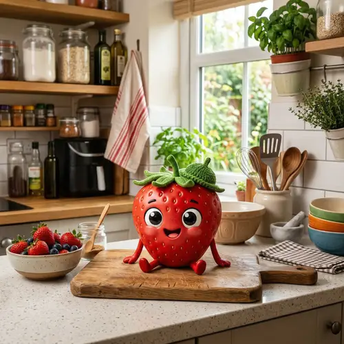 Cute Strawberry Character in a Kitchen Scene