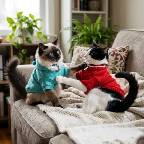 Adorable Black & White Cat and Fluffy Siamese Cats in Cute Sweatshirts
