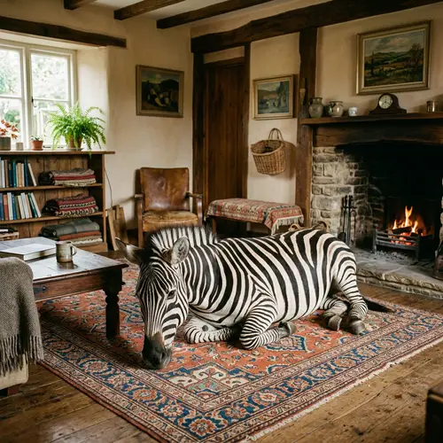 Rustic Charm: Majestic Zebra Resting in Neat Home Interior