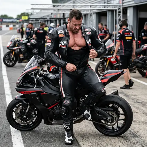 Powerful Bodybuilder on a Racing Motorcycle
