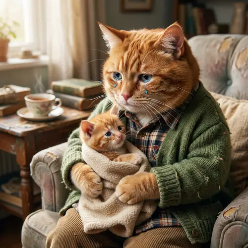 Realistic Photo of Crying Red-Haired Cat and Kitten in Life-Like Attire