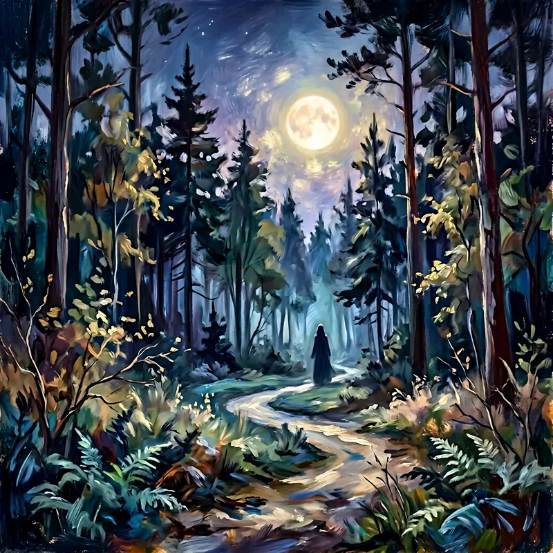 Ethereal Moonlit Forest Scene with Mysterious Figure