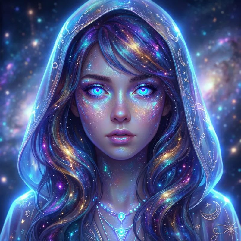 Neon Blue Cosmic Fantasy - Stunning Girl Portrait with Big Eyes Neon Blue Cosmic Fantasy - Stunning Girl Portrait with Big Eyes