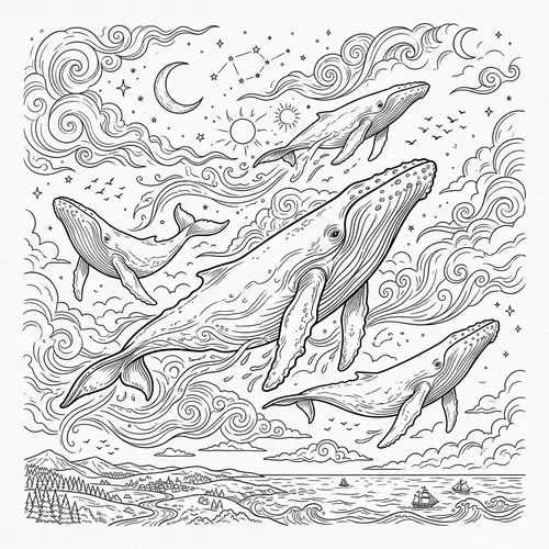 Whales Swimming in the Sky - Artistic Line Drawings