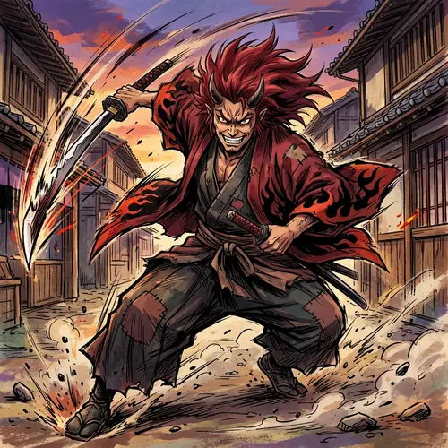 Vibrant Digital Painting of Red-Haired Demon in Manga Style