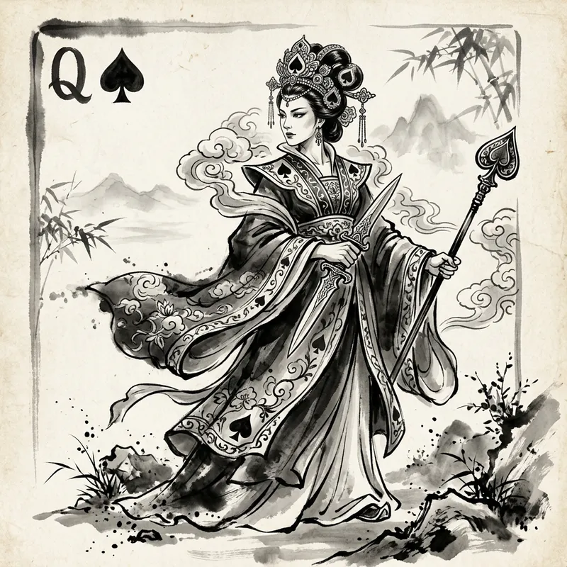 Black and White Ink Style Playing Card Queen Holding Dagger