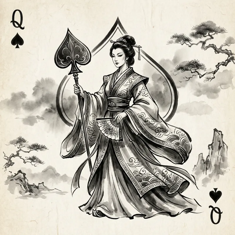 Black Ink Wash Painting of Queen of Spades Black Ink Wash Painting of Queen of Spades