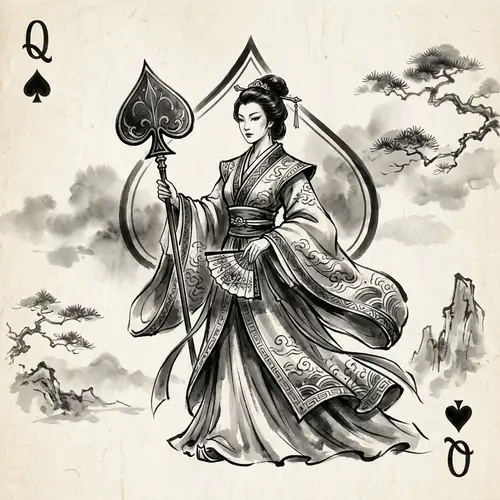 Queen of Spades Ink Wash Painting: Black and White Style