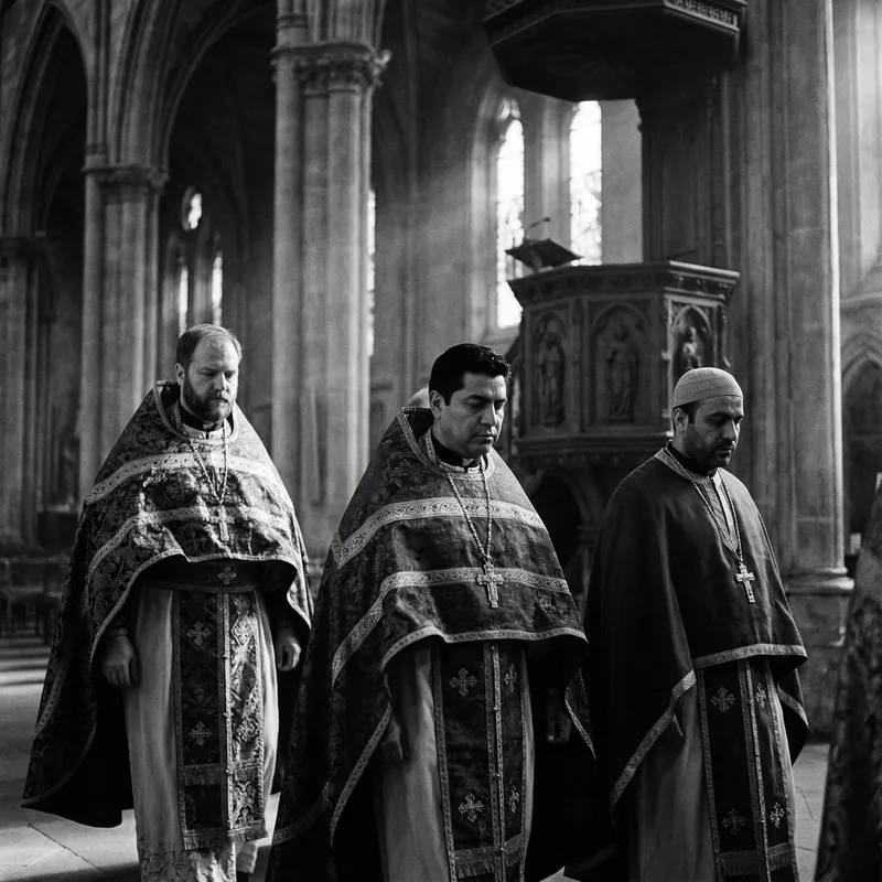 Three Priests in a Vintage Cathedral - Black & White Art
