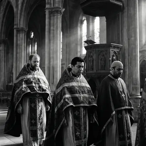 Three Priests in a Vintage Cathedral - Black & White Art
