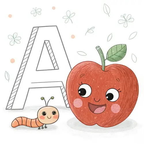 Coloring Page: Cute Apple with Letter A