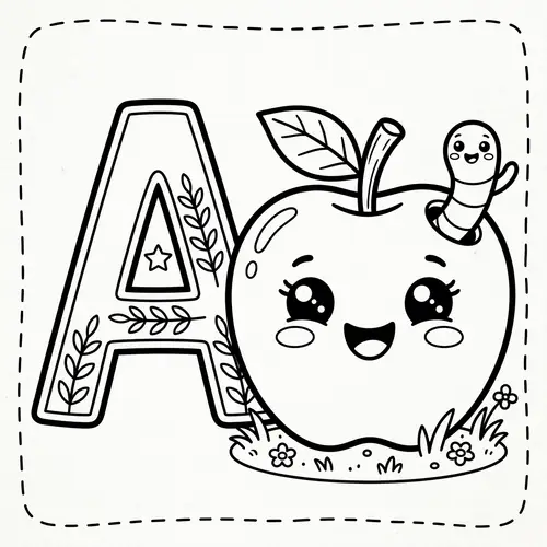 Coloring Page: Cute Apple with Letter A