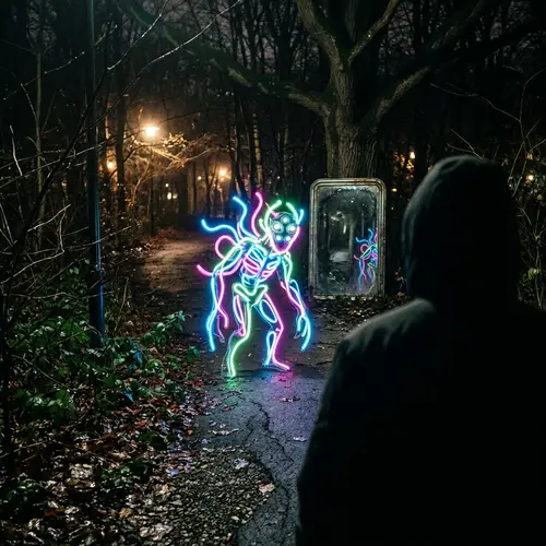 Neon Monster in Dark Park: Stunning Night Photo