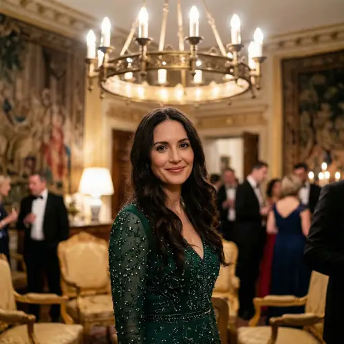 Elegant Woman with Long Black Hair in Sparkling Gown