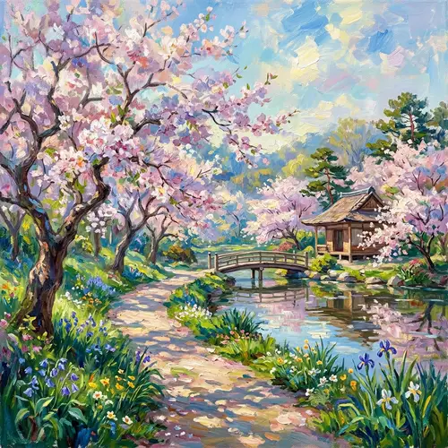 Impressionist Cherry Blossom Garden Painting