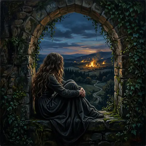 1970s Dark Fantasy Art: Woman in Castle Window