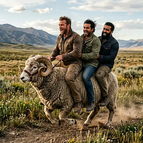 Three Muscular Men Riding Magnificent Horned Sheep