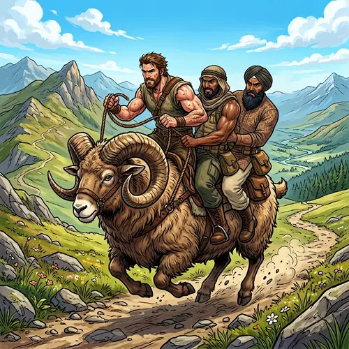 Dynamic Illustration of Three Strong Men Riding Giant Horned Sheep
