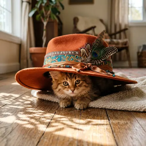 Adorable Kitten Nestled under Stylish Hat | Cute Pet Portrait