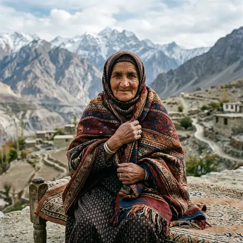 Elderly Pashtun Woman from Afghanistan in Textured Woolen Shawl