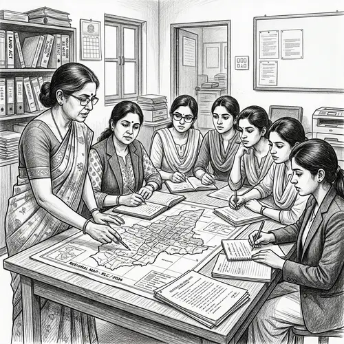Graphite Pencil Sketch of South Asian Land Commissioners Meeting Female Lawyers