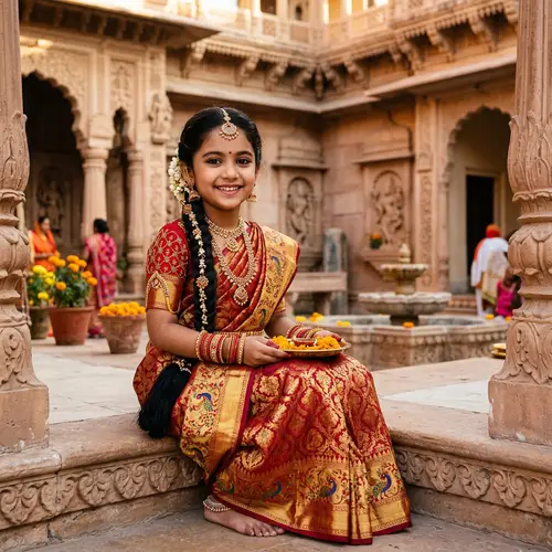 Vibrant Indian Girl in Gold & Ruby Sari | Cultural Portrayal