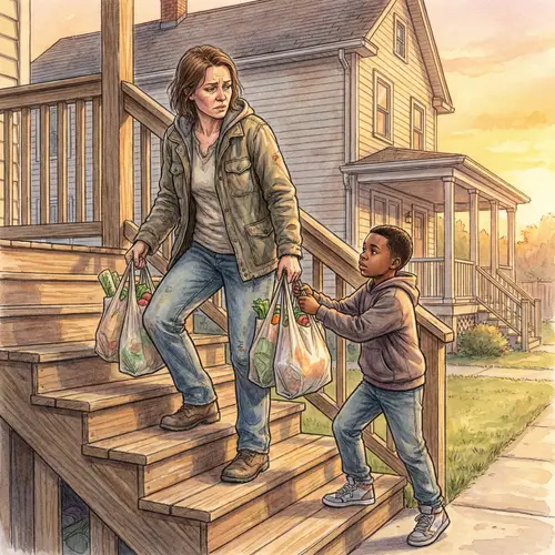 Resilient Woman and Helper Boy: Inspiring Grocery Moment