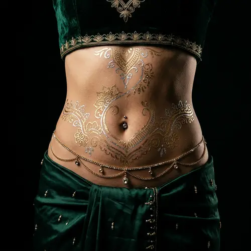 Luxurious Gold and Silver Stomach Art on Black Background