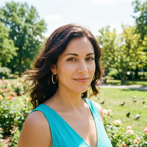 Hispanic Woman in Vibrant Turquoise Dress | Lush Green Park