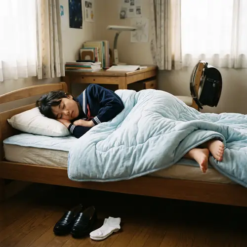 Tranquil Asian 12-Year-Old Girl Asleep in School Uniform