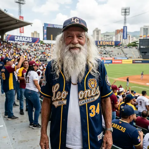 Hyperrealistic Photo of Elderly Man in Caracas Baseball Shirt
