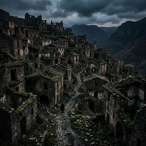 Eerie Dark Village with Housings and Forest Trails