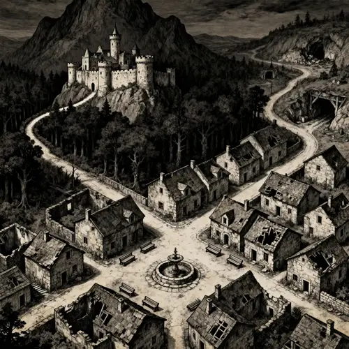 Eerie Dark Village with Housings and Forest Trails
