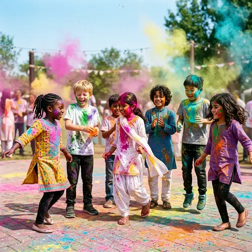 Joyful Dancing Kids at Holi Festival Celebration