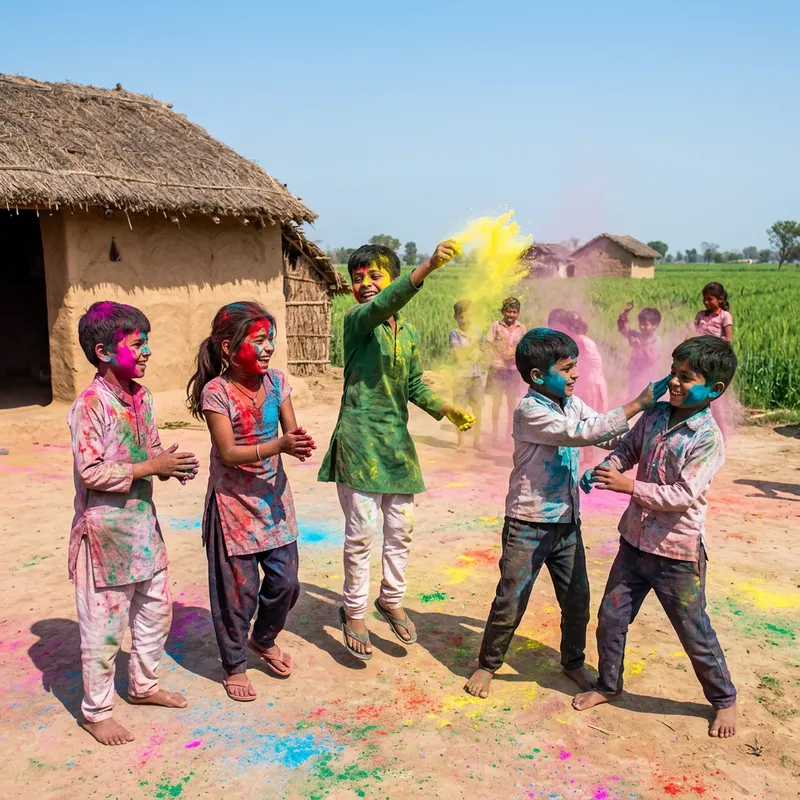 Joyful Kids Dancing at Holi Festival in India