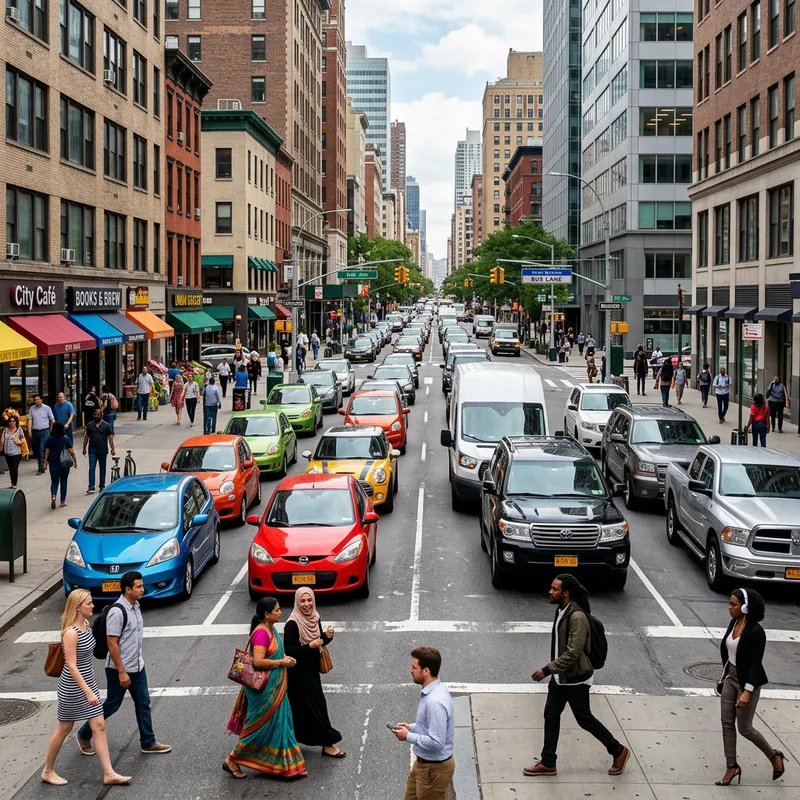 Diverse Urban Street View with Various Cars and People
