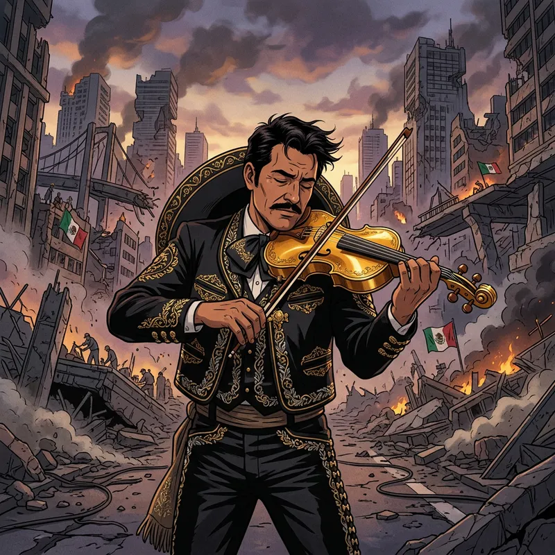 Mariachi Musician Cradling Golden Violin - Striking Image of Beauty Amidst Chaos