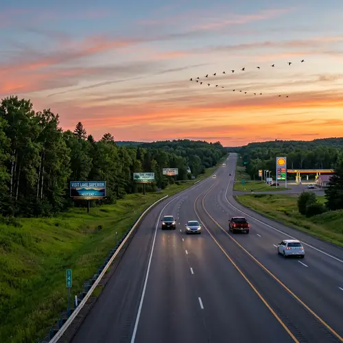 Tranquil Highway Scenery with Birds and Billboards