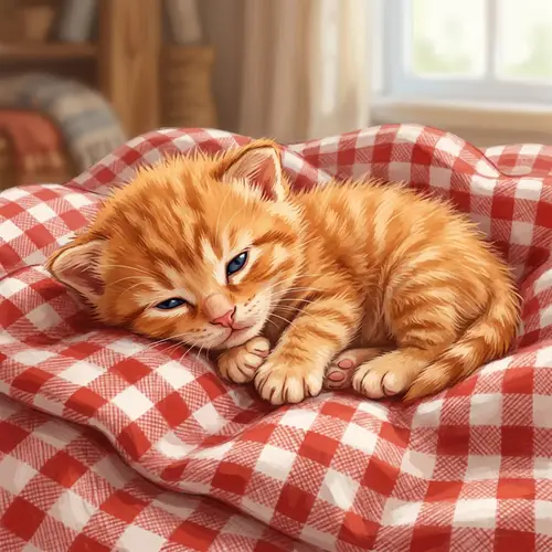 Vibrant Orange Newborn Kitten on Checkerboard Blanket