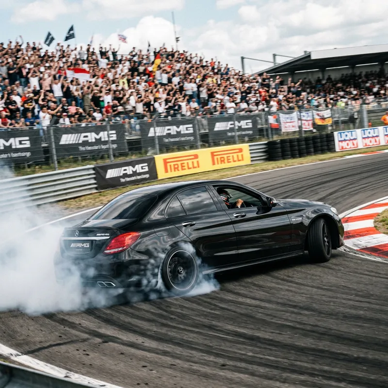 Black Mercedes-Benz C63 AMG Drifting around Sharp Corner on Racetrack Black Mercedes-Benz C63 AMG Drifting around Sharp Corner on Racetrack