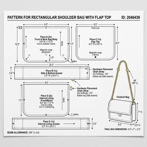 Rectangle Shoulder Bag Pattern with Flap Top