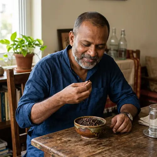 Tranquil South Asian Man Eating Cloves at Wooden Table