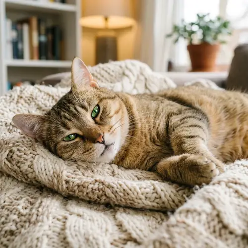 Content Cat on Cozy Blanket: Unique Kitten Purring Happily