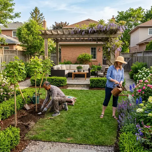 Beautiful Backyard Landscaping with Green Lawn and Flower Garden
