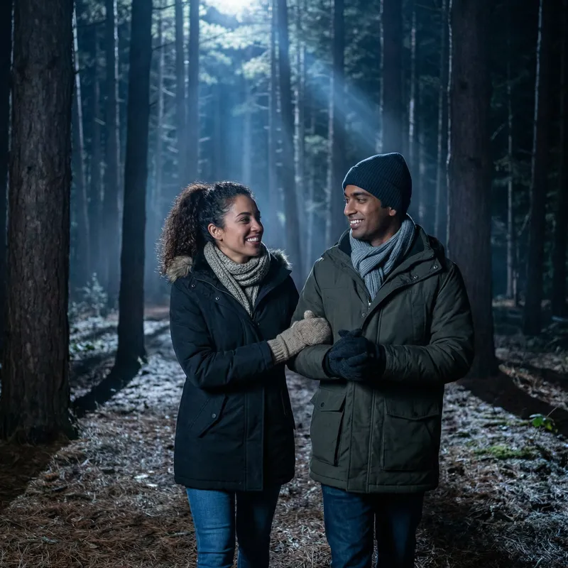 Interracial Couple's Nighttime Stroll in Enchanting Forest Interracial Couple's Nighttime Stroll in Enchanting Forest