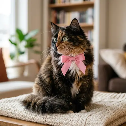 Adorable Fluffy Cat with Pink Ribbon | Captivating Image