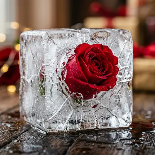 Mesmerizing Red Rose Emerging from Fractured Ice Cube